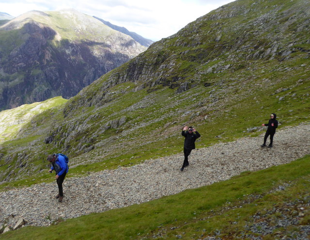 Walkers descending the Llanberis Path alongside the Snowdon Mountain Railway