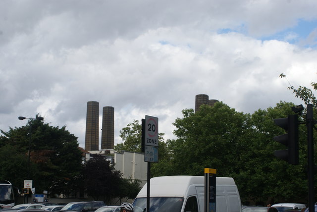 View of the chimneys of Greenwich Power Station from Park Row