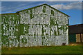 Flaking paint on metal barn at New Ladykirk