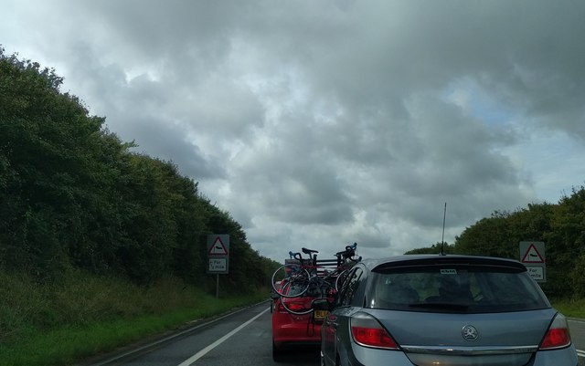 Traffic queueing on the A30, west-bound, approaching the St Ives junction