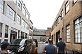 View of the London Overground railway bridge from New Inn Yard