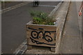 View of a wooden planter with a graffitied face on the Regent