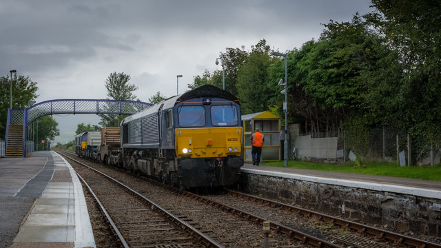 Spent nuclear fuel train waiting at Brora for the northbound for Wick