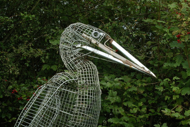 View of a metal sculpture of a heron in Rutland Water Nature Reserve