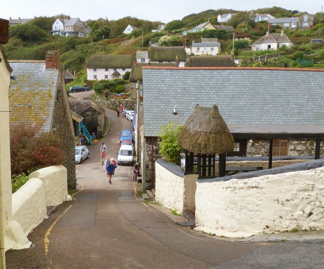 Looking down New Road past the harbour entrance (on the left), Cadgwith