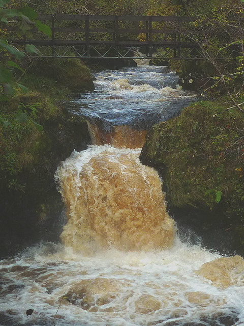 Waterfall and footbridge on the Abhainn Fionain