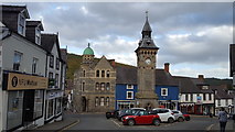 SO2872 : Clock Tower and Town Centre, Knighton by Christine Matthews