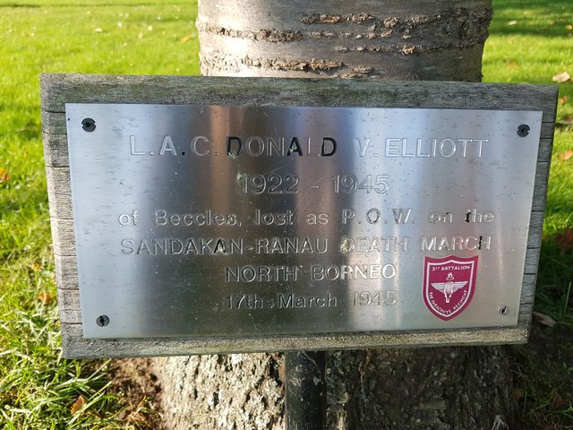 Plaque by the memorial tree for LAC D V Elliott