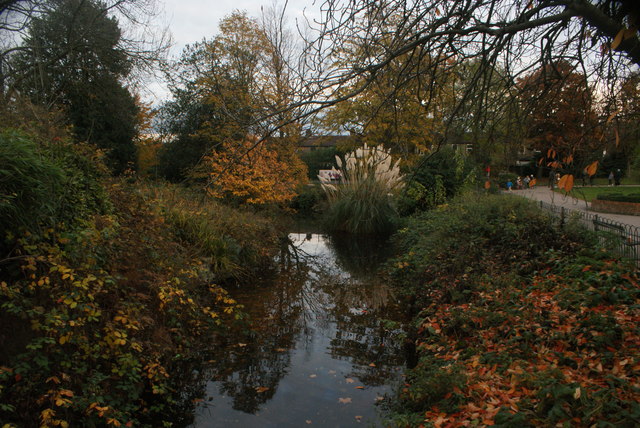 View of the moat circling Lloyd Park from the footbridge leading to the William Morris Gallery