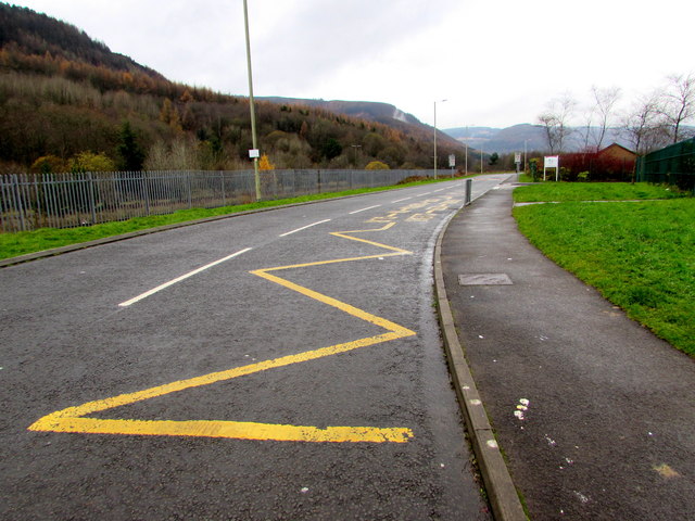 Zigzag road markings outside Penyrenglyn Community Primary School