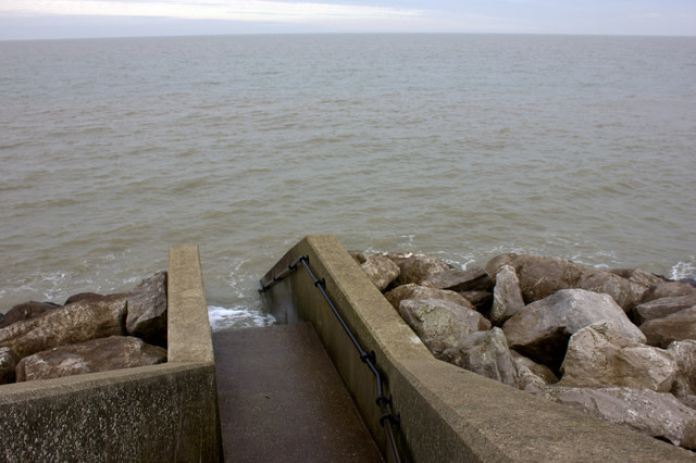 Steps to the beach at Reculver, high tide.