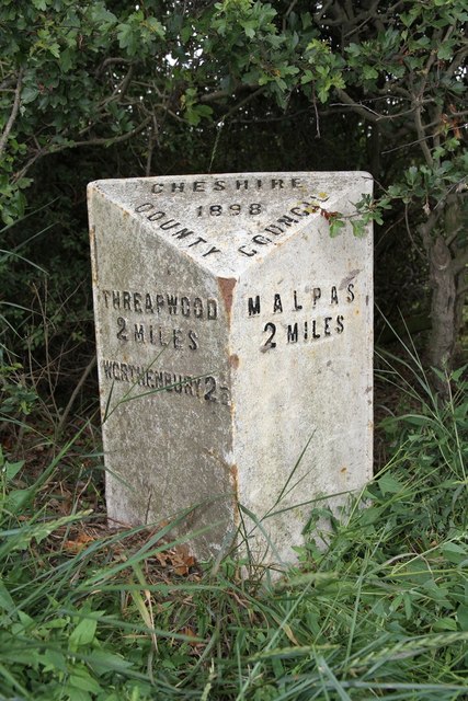 Old Milepost by the B5069 at Cuddington Green