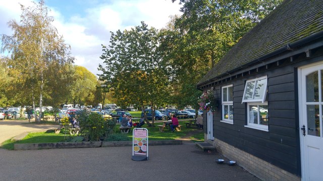 Tearoom and car park at Houghton Mill, Houghton, Cambridgeshire