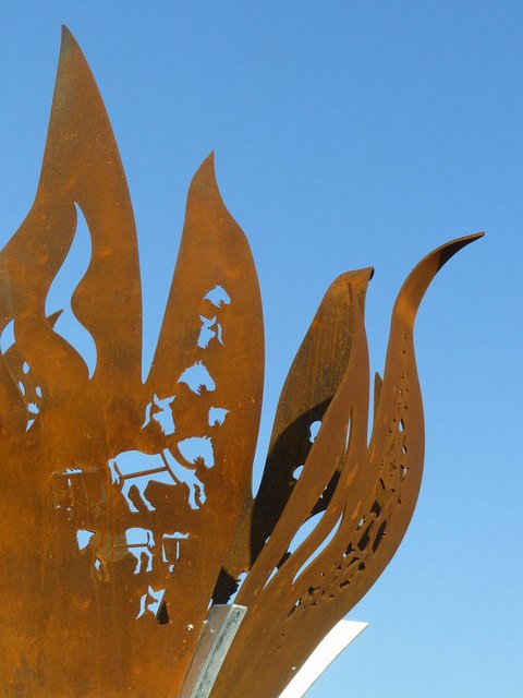 Detail of the flame sculpture with pit ponies