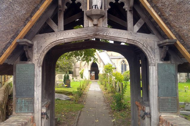Lych gate and war memorial at St Mary's, Weston, Lincolnshire