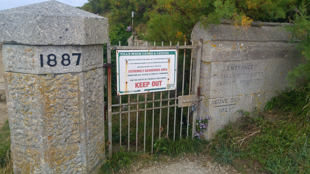 Gate and notice at entrance to Tilly Whim Caves, Durlston Country Park