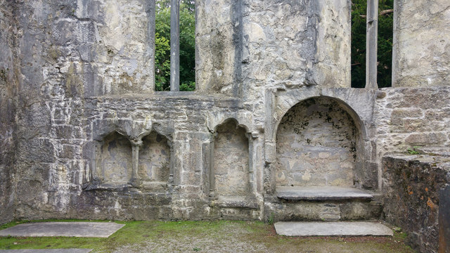 Double piscina, sedilia and tomb recess - chancel at Muckross Abbey church