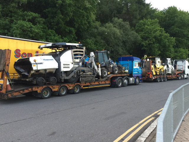 Two loaded low-loaders, M5 southbound services, Michaelwood