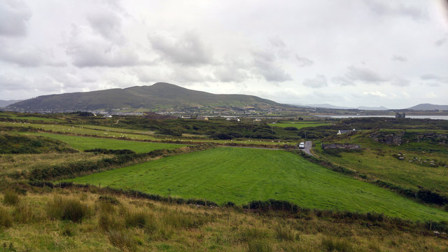View towards Cahersiveen from Leacanabuaile stone fort, Kimego West, Cahersiveen, County Kerry