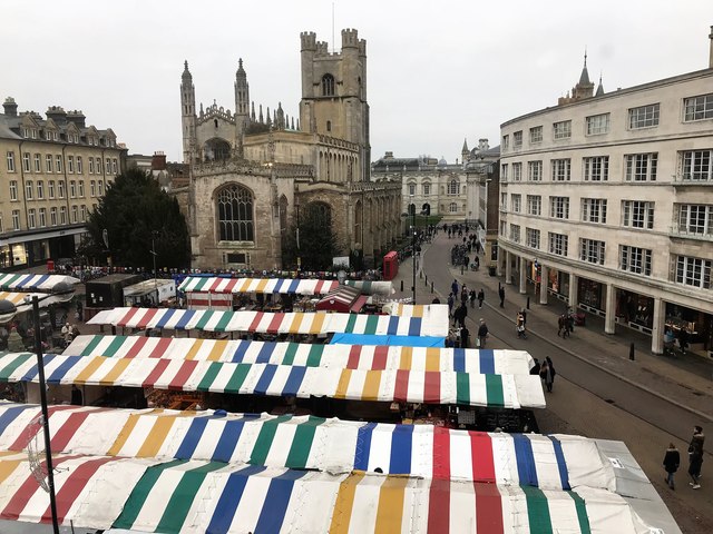 Looking over the market stalls in Cambridge