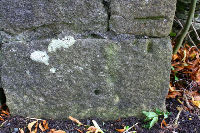 Benchmark on B6480 wall at Kelcow Wood