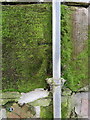 Moss-covered bench mark on footbridge buttress