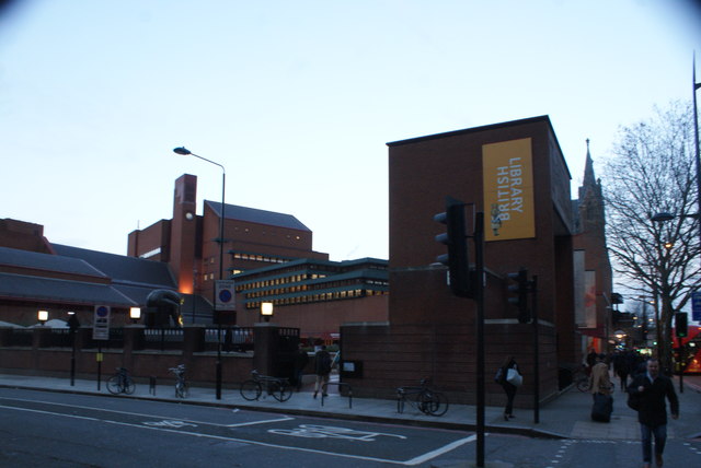 View of the British Library at dusk from Euston Road