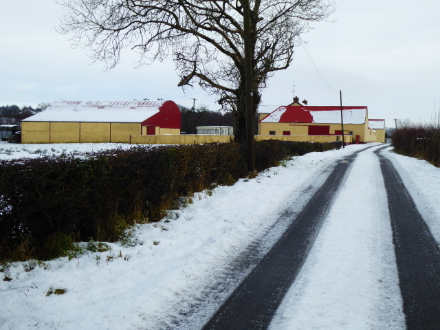 Colourful farm buildings ahead, Cloghfin