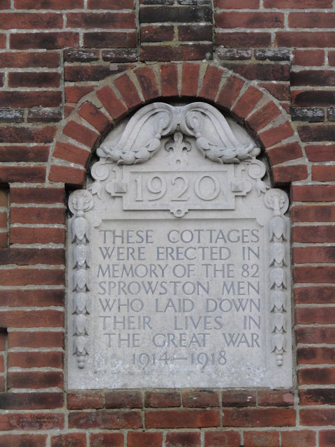 WW1 Memorial plaque on Memorial Cottages, Sprowston