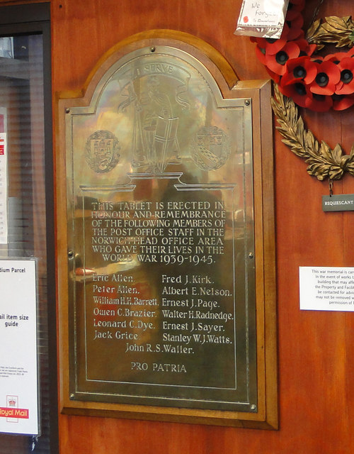 WW2 Memorial in Norwich Postal Sorting Office