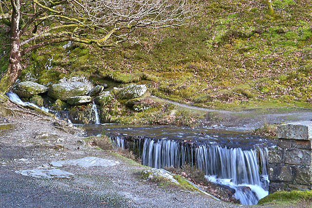 Small waterfall at the bottom of the Nant Dolfalau