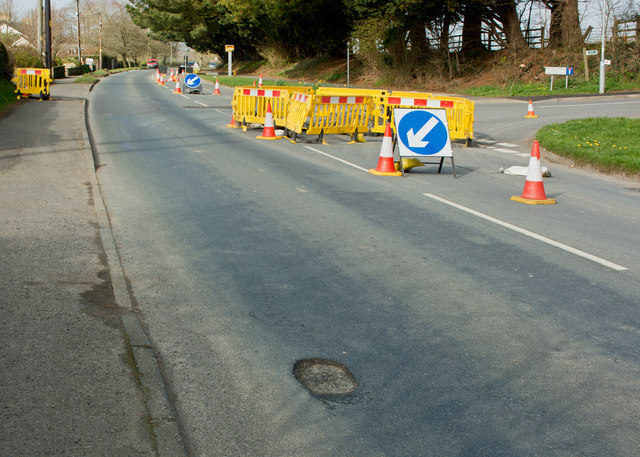A structural failure in the road surface on the B3233 at Bickington
