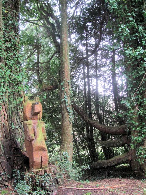 A carved bear in a group of conifers at Bovey Castle