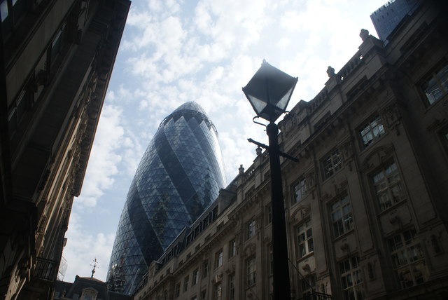 View of the Gherkin and a gas lamp on St. Helen's Place