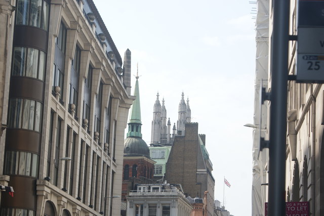 View of the spires of St. Peter's and St. Michael Cornhill churches from Leadenhall Street
