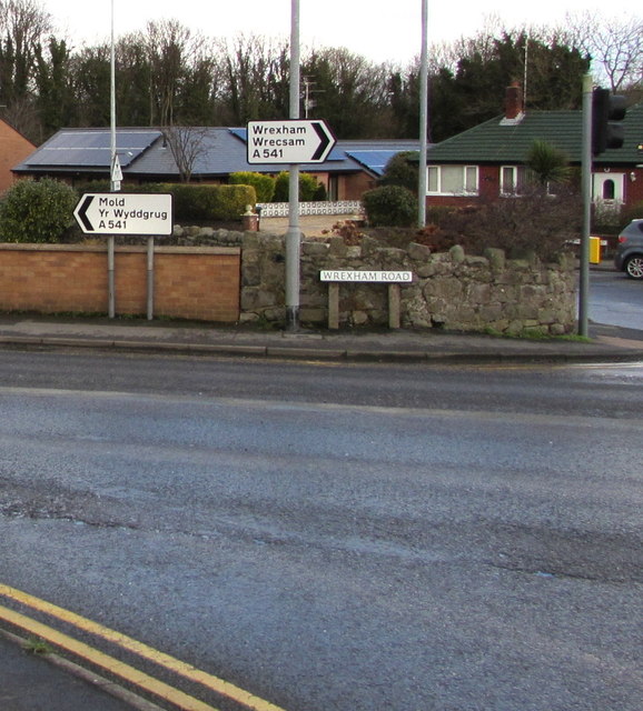 Wrexham Road direction signs near Abermorddu, Flintshire