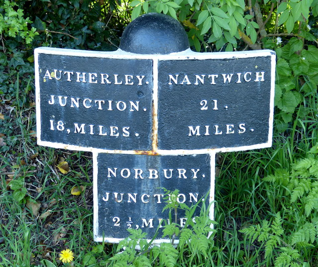 Shropshire Union Canal milepost at Old Lea