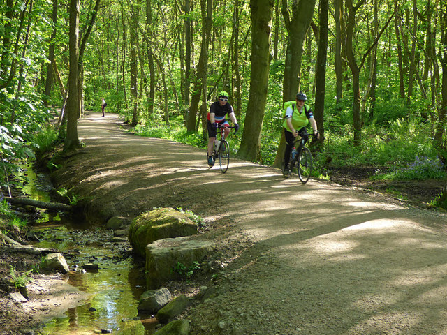 Cyclists on Leeds Country Way through Breary Marsh SSSI