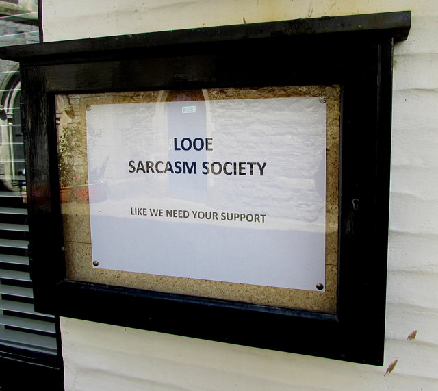 Looe Sarcasm Society noticeboard, Lower Chapel Street, East Looe