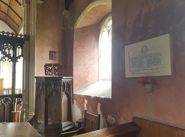 Pulpit and war memorial inside St Mary's church, West Somerton