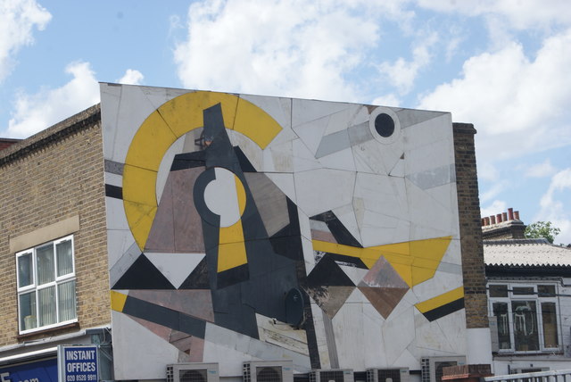 View of street art on the side of the East London Office Centre from St. Mary Road