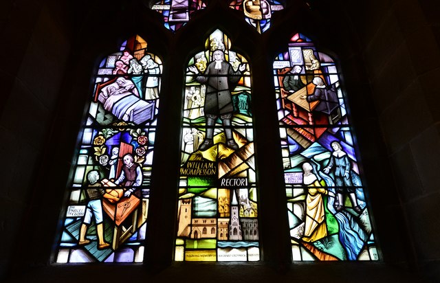 Eyam, St. Lawrence's Church: The 'Plague Window' designed by Alfred Fisher, installed 1985