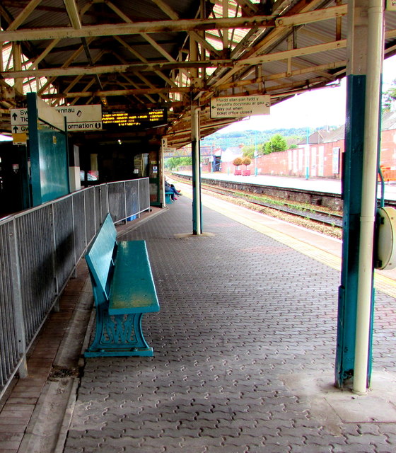 Turquoise bench on Caerphilly railway station