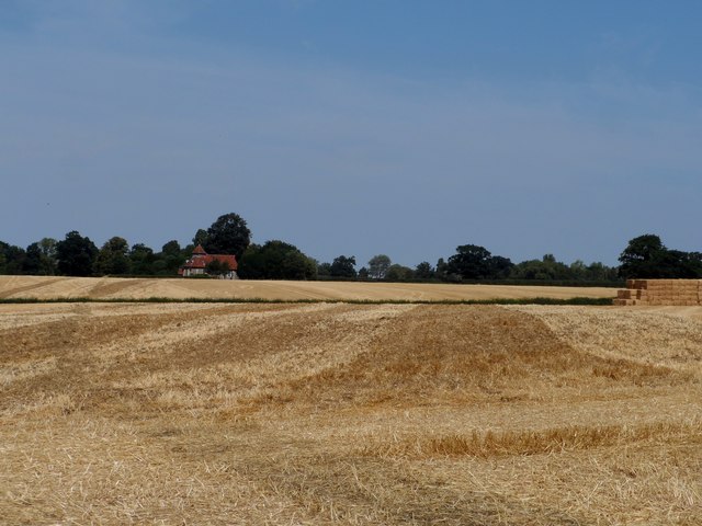 Harvested field and church of St John the Baptist, Little Maplestead