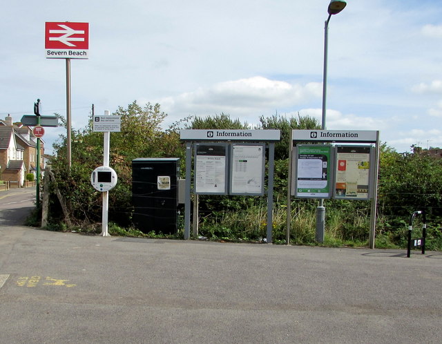 Information boards and railway station name sign, Severn Beach