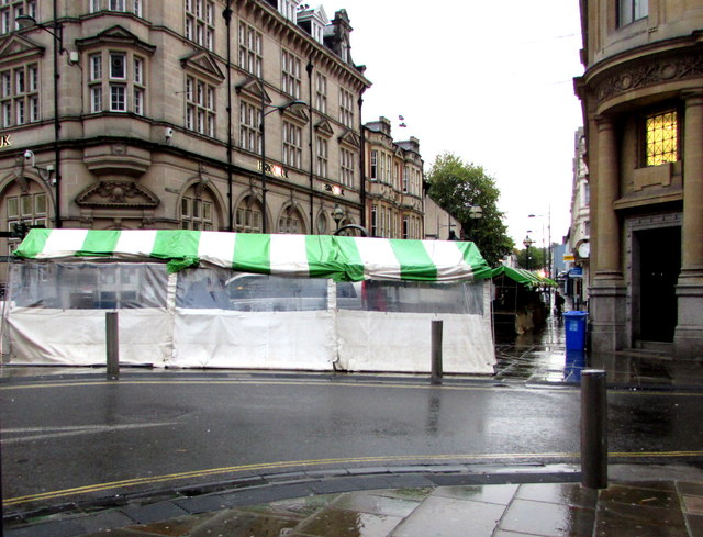 Temporary stalls at the eastern end of Bridge Street, Newport