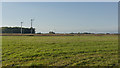 A field and two wind turbines