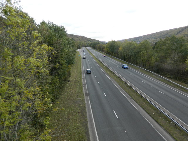 The A469, from the access road to Ffrwd Fish Farm, looking south