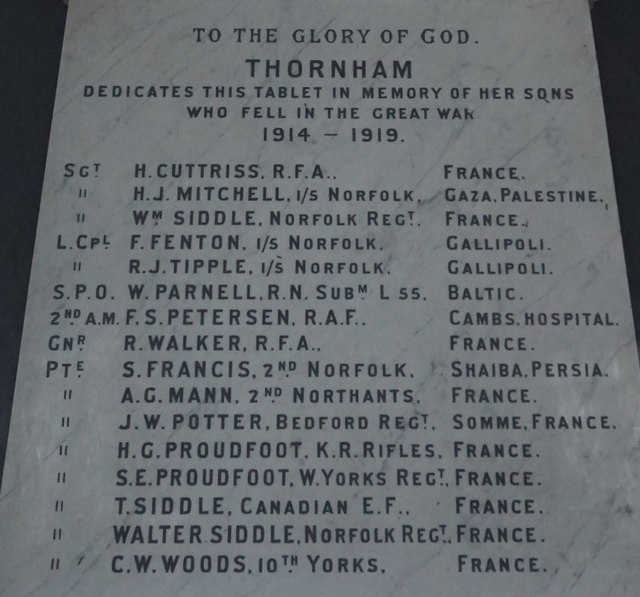 WW1 memorial plaque, All Saint's Church, Thornham