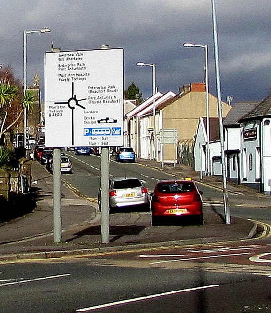 Directions sign at the edge of a major junction in Swansea